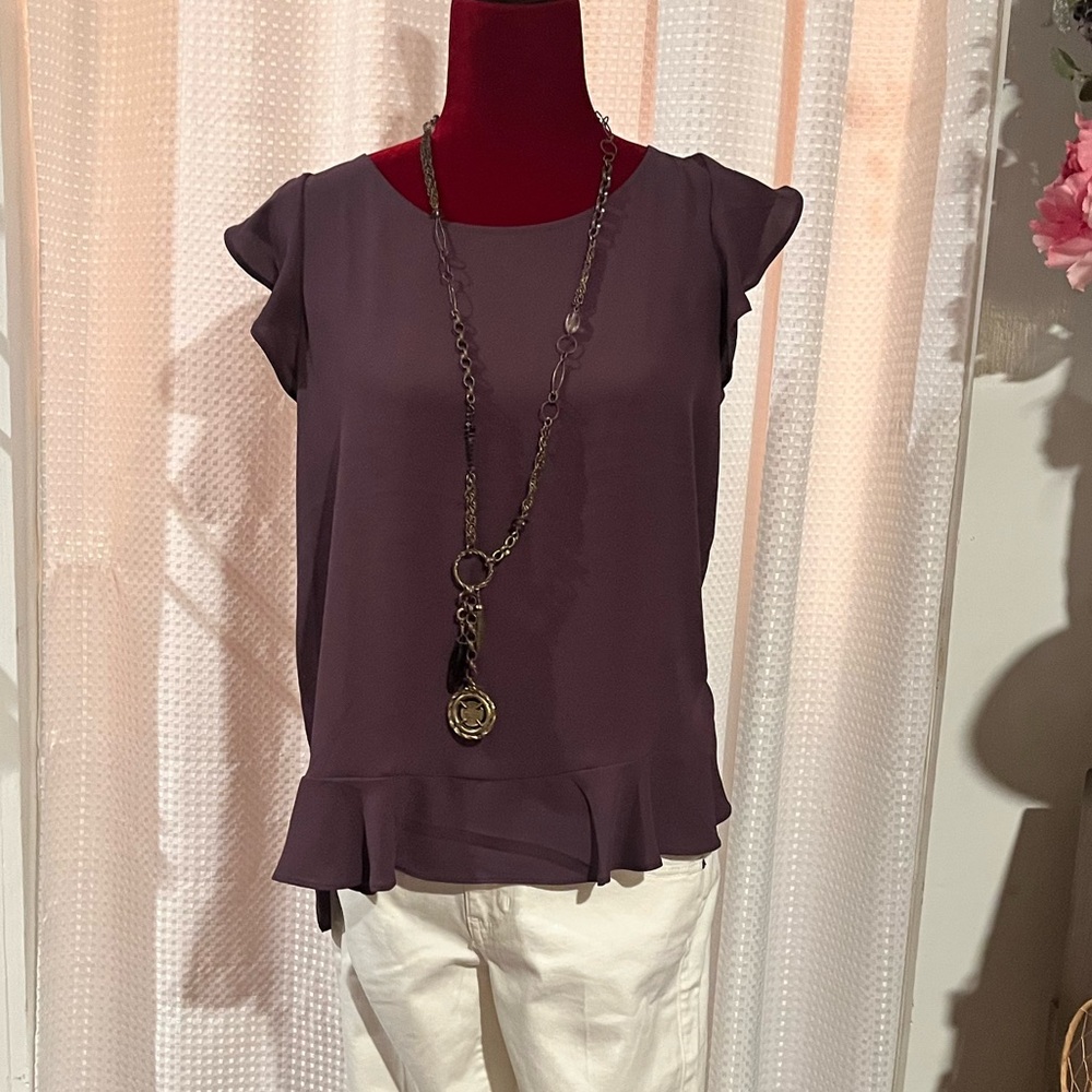 LOFT Women’s Purple Short Sleeve Blouse with Ruffle Trim (S)